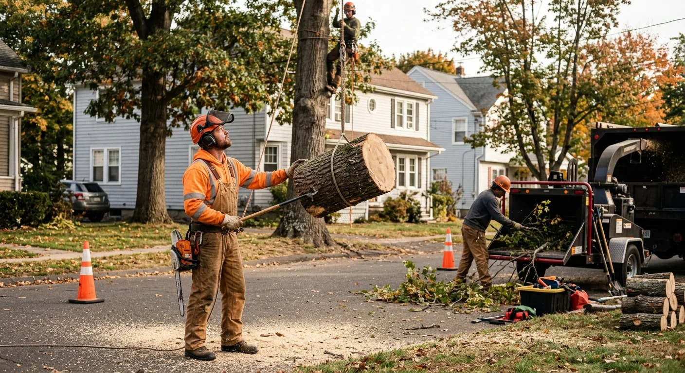 Arborist installing support cable in a mature tree canopy in Meriden