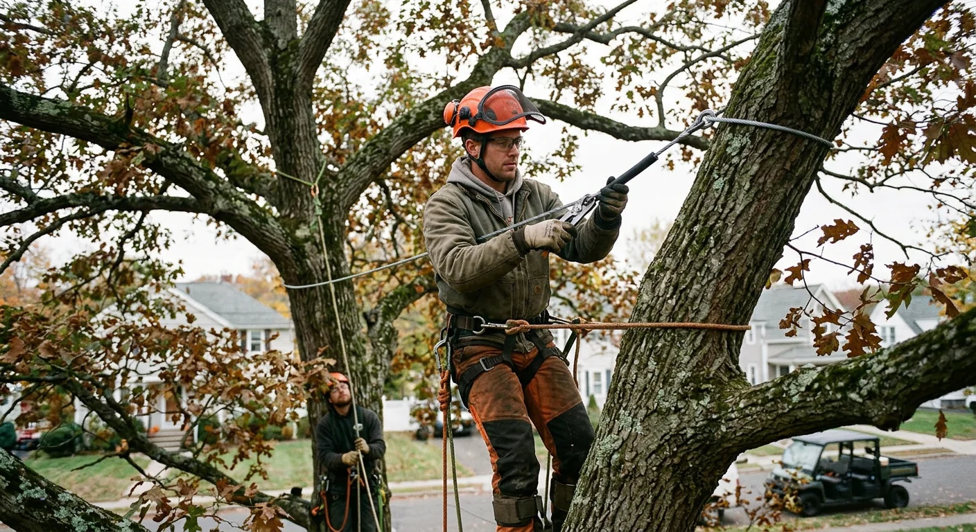 Arborist installing support cable in the upper canopy of a mature oak