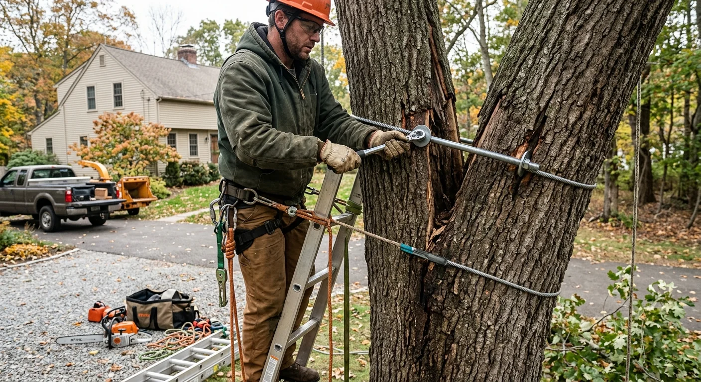Steel bracing rod set through a split trunk union on a Meriden property