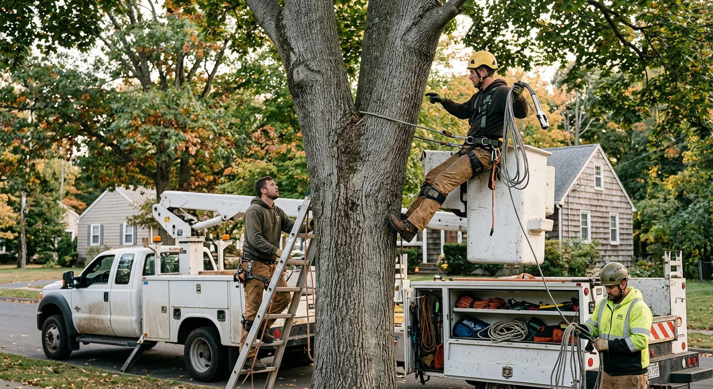 Crew inspecting codominant stems before cabling a large maple