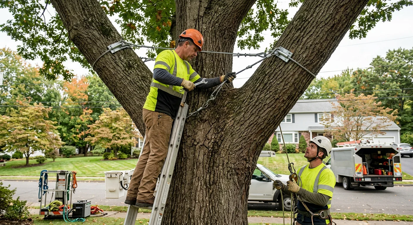 Cable and brace hardware supporting a split leader on a large tree