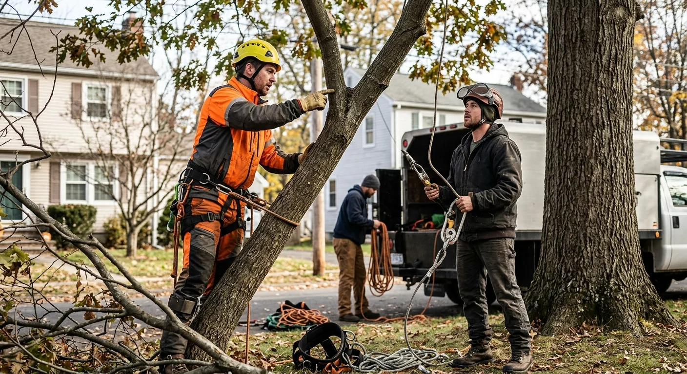 Meriden tree crew inspecting a weak branch union before cabling