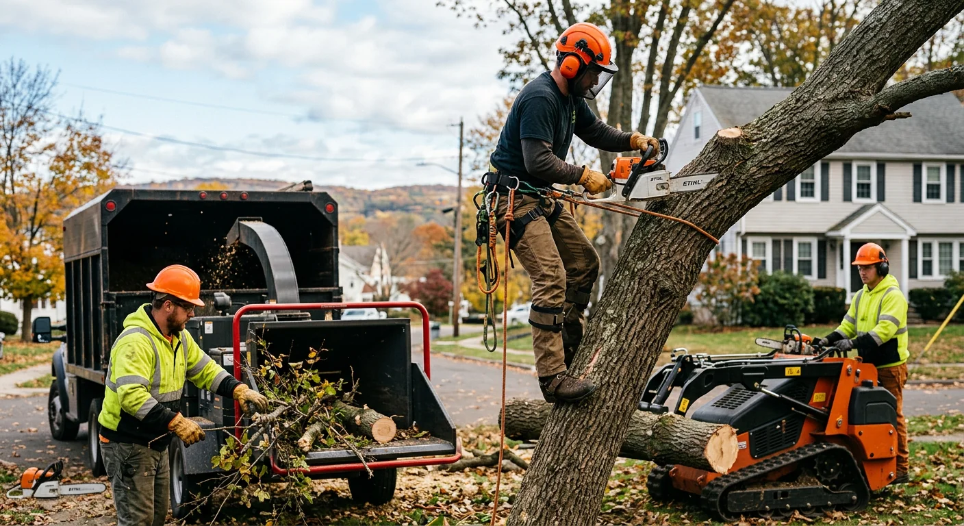 Worker assessing tree condition to prepare a written maintenance estimate in Meriden