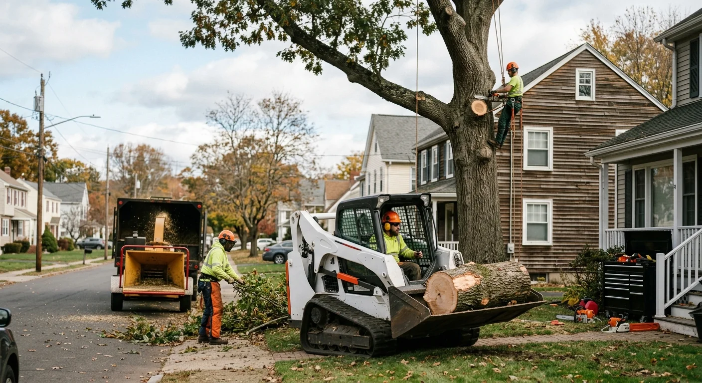 Tree care crew inspecting mature trees for health maintenance in Meriden