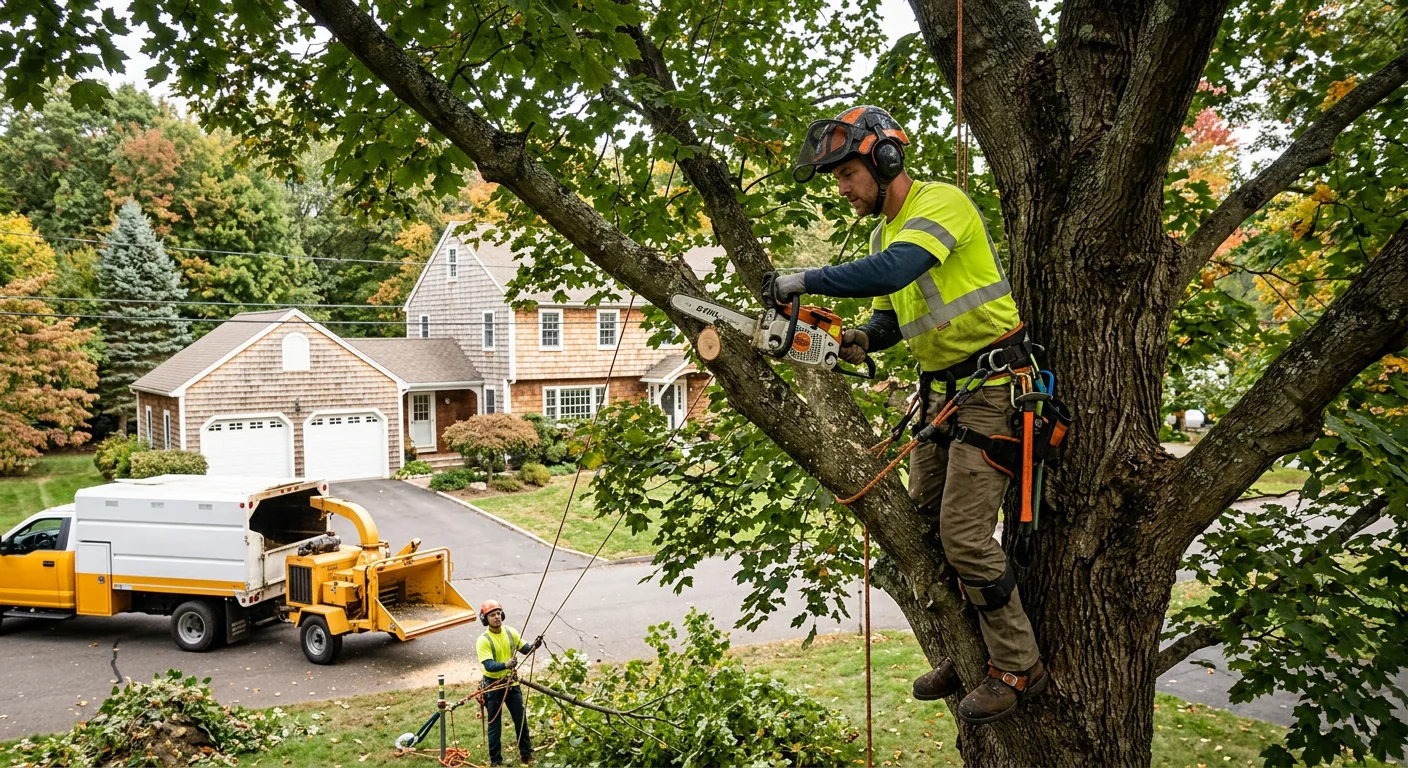 Arborist thinning a mature maple canopy on a residential Meriden property