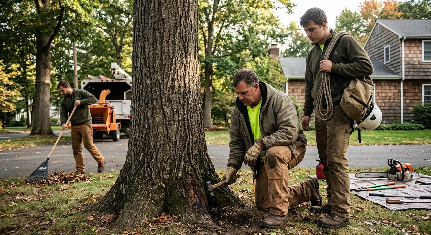 Crew inspecting root flare and trunk for signs of tree disease