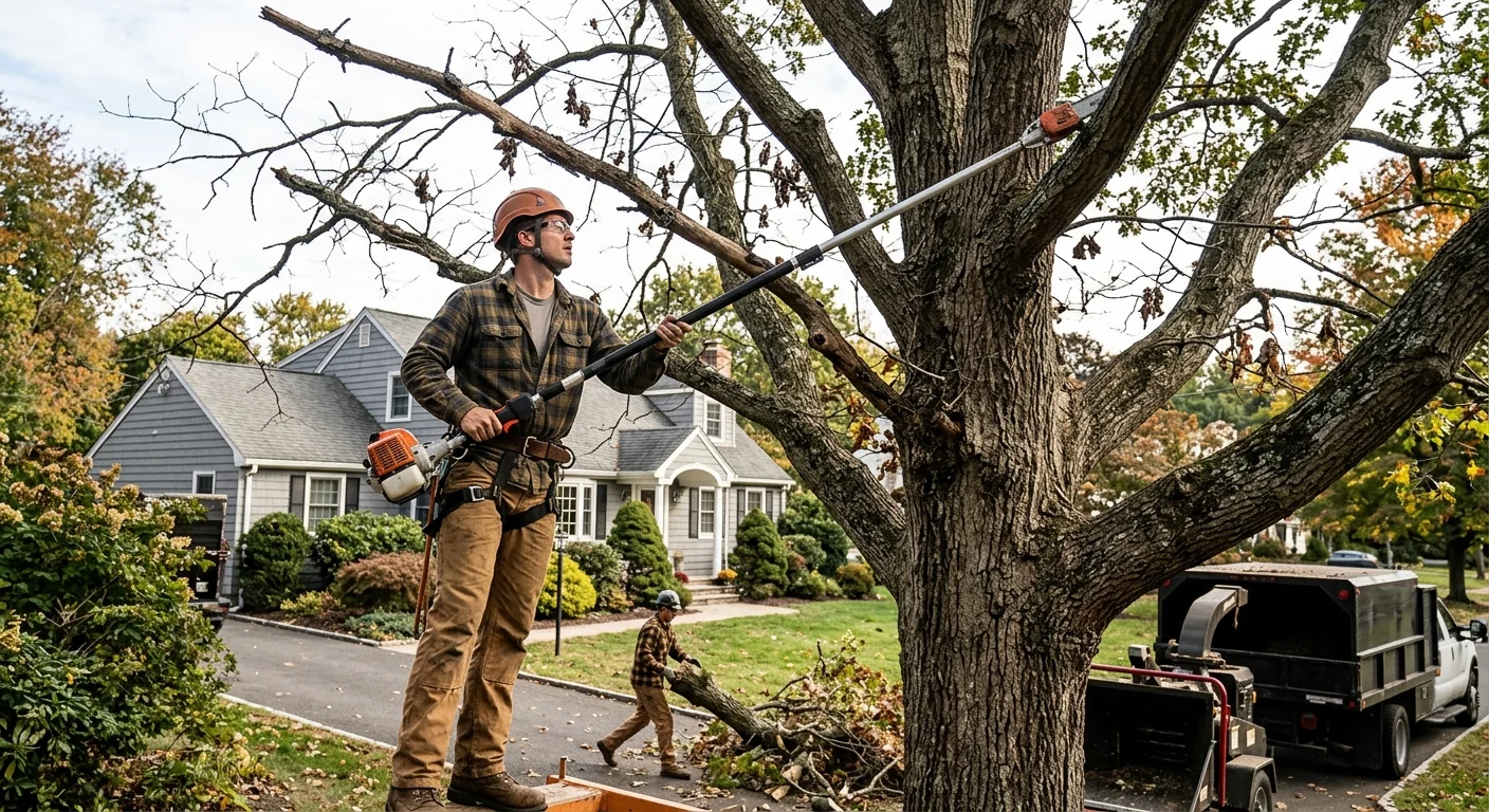 Pole saw removing deadwood from a large oak in Meriden