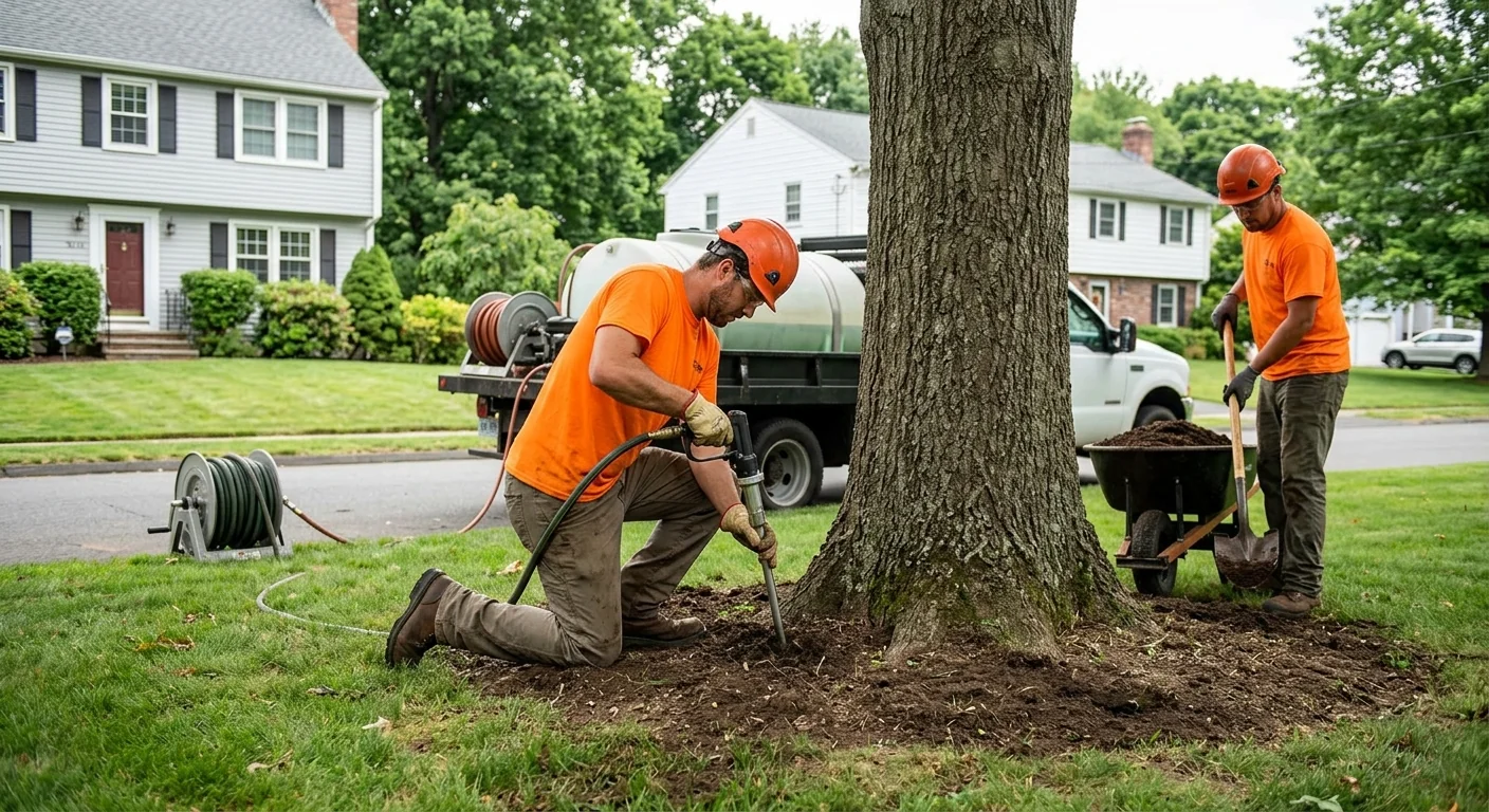 Fertilization and soil care work around established shade trees