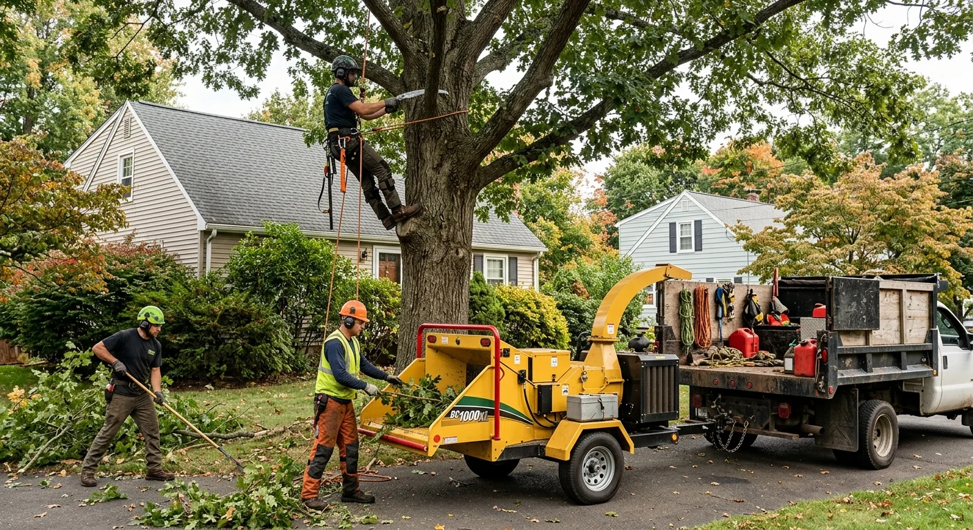 Crew performing seasonal canopy thinning on a residential tree in Meriden