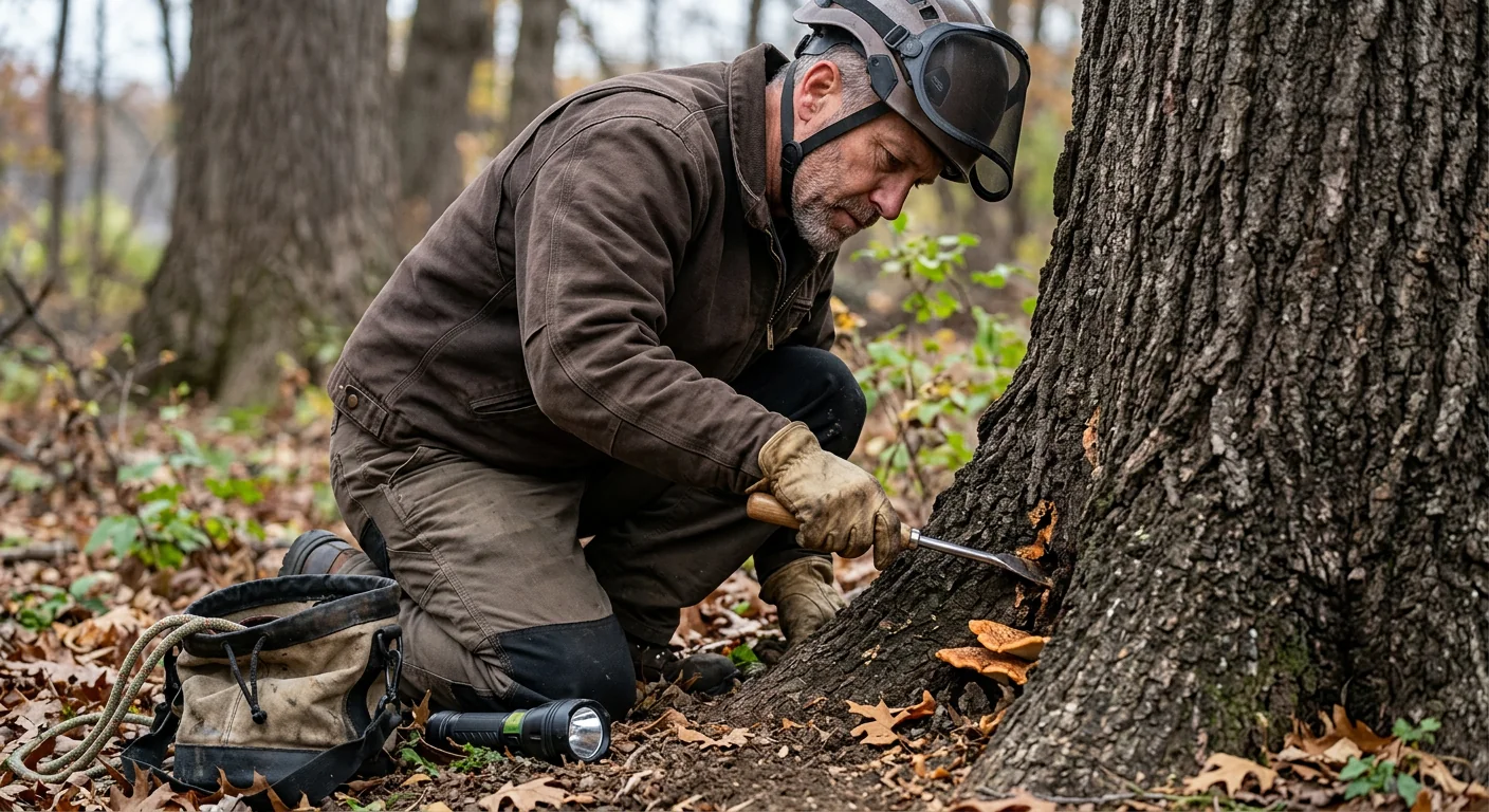 Close inspection of a trunk union for cracks and fungal signs
