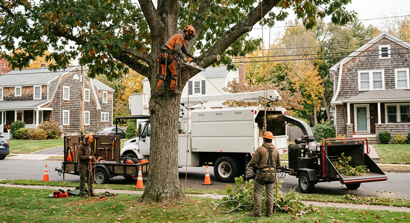 Tree service crew planting a young tree in a Meriden yard