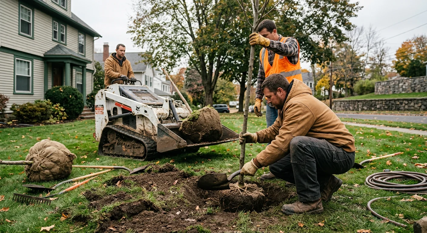 Crew setting a young tree with proper root ball depth on a Meriden residential lot