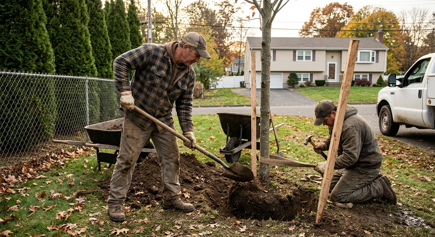 Worker backfilling and staking a newly planted shade tree along a property line