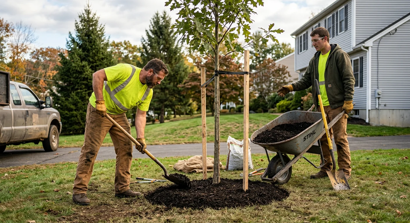 Mulch ring finished around a freshly installed tree in a Meriden yard