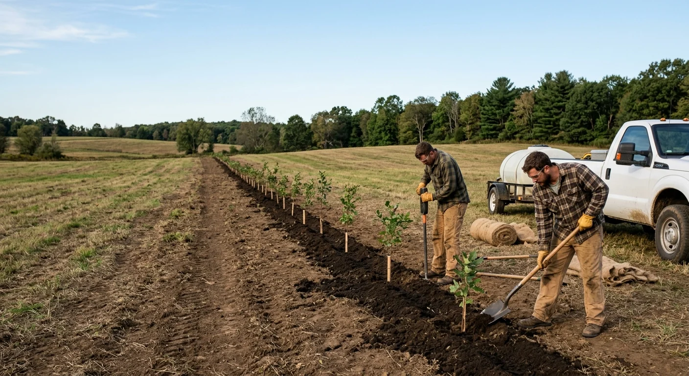 Multi-Tree Windbreak Row Installed Along Open Acreage