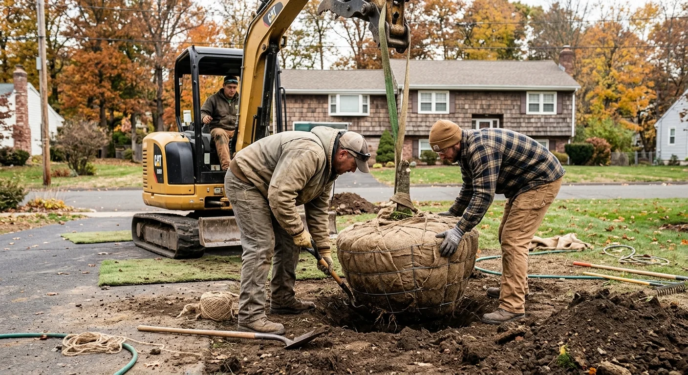 Workers setting a balled and burlapped tree at proper planting depth