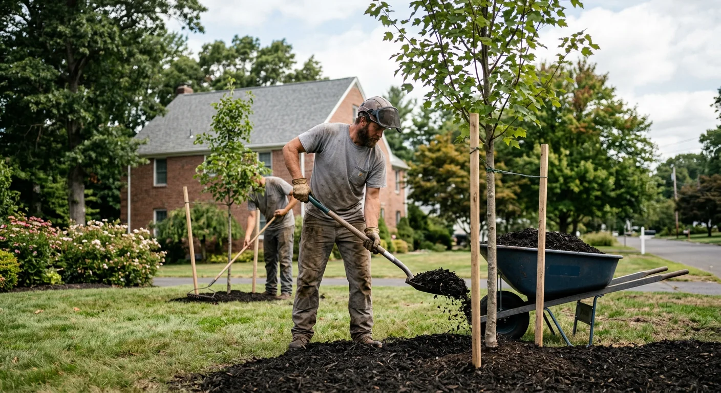 Freshly mulched young trees on a landscaped Meriden yard