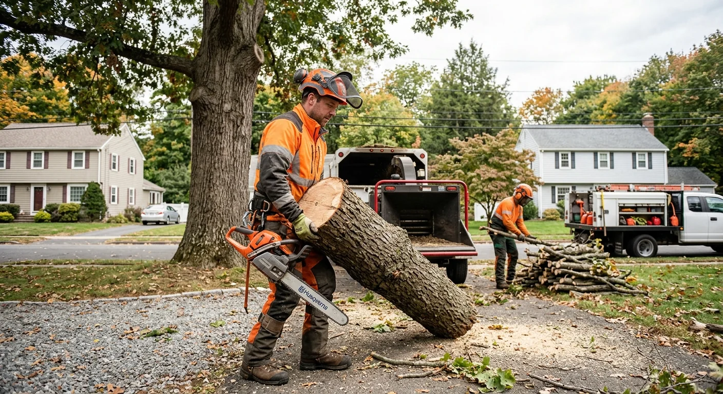 Estimator reviewing canopy size before pricing a tree pruning job in Meriden