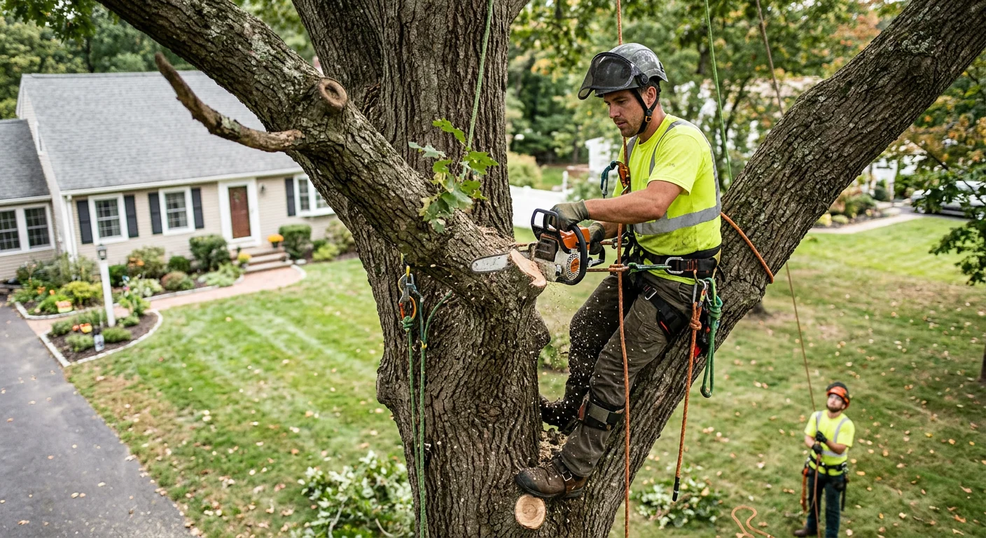 Arborist making a clean pruning cut on a mature oak in a Meriden yard