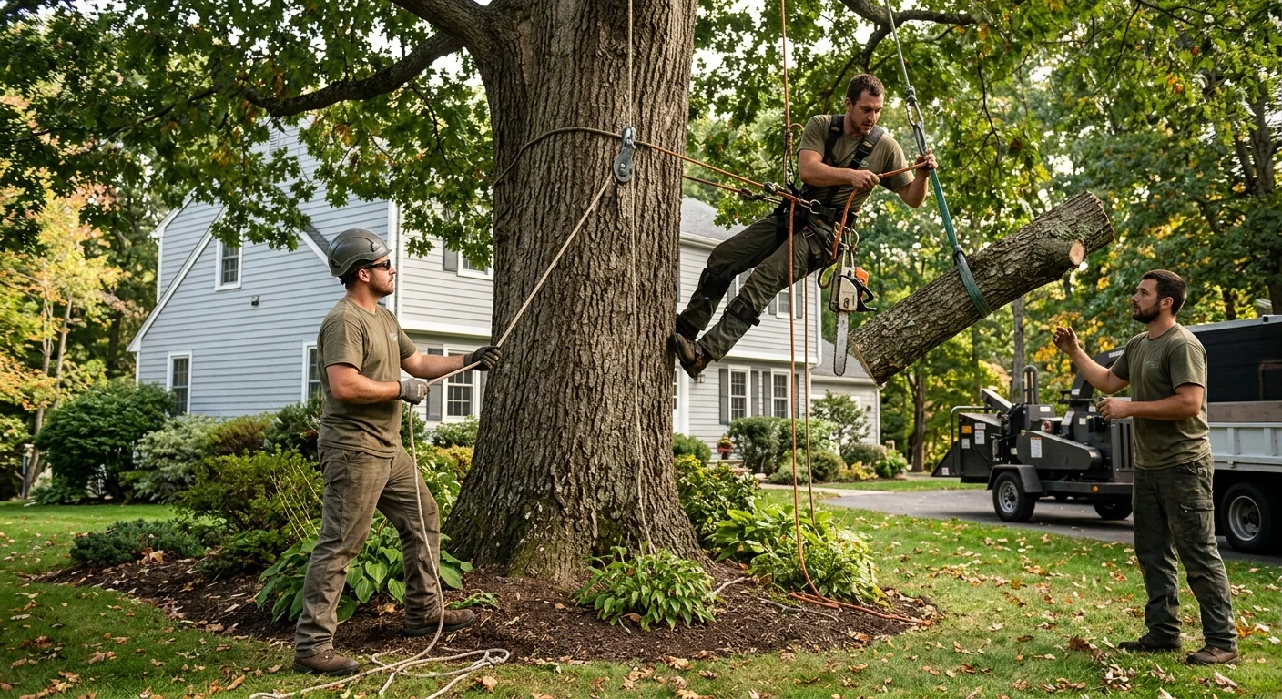 Crew rigging a large limb during residential tree pruning work