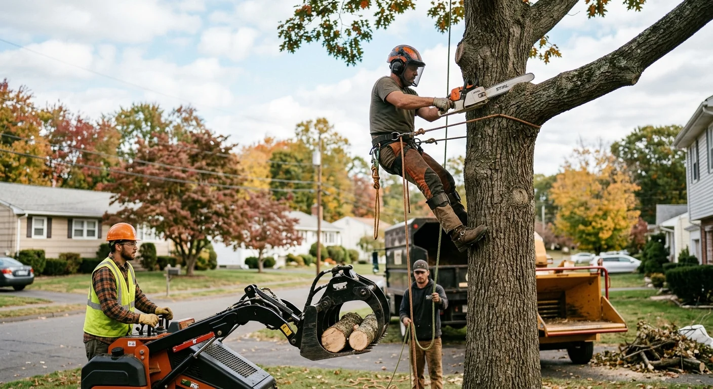 Arborist evaluating tree size and access to determine risk assessment pricing in Meriden