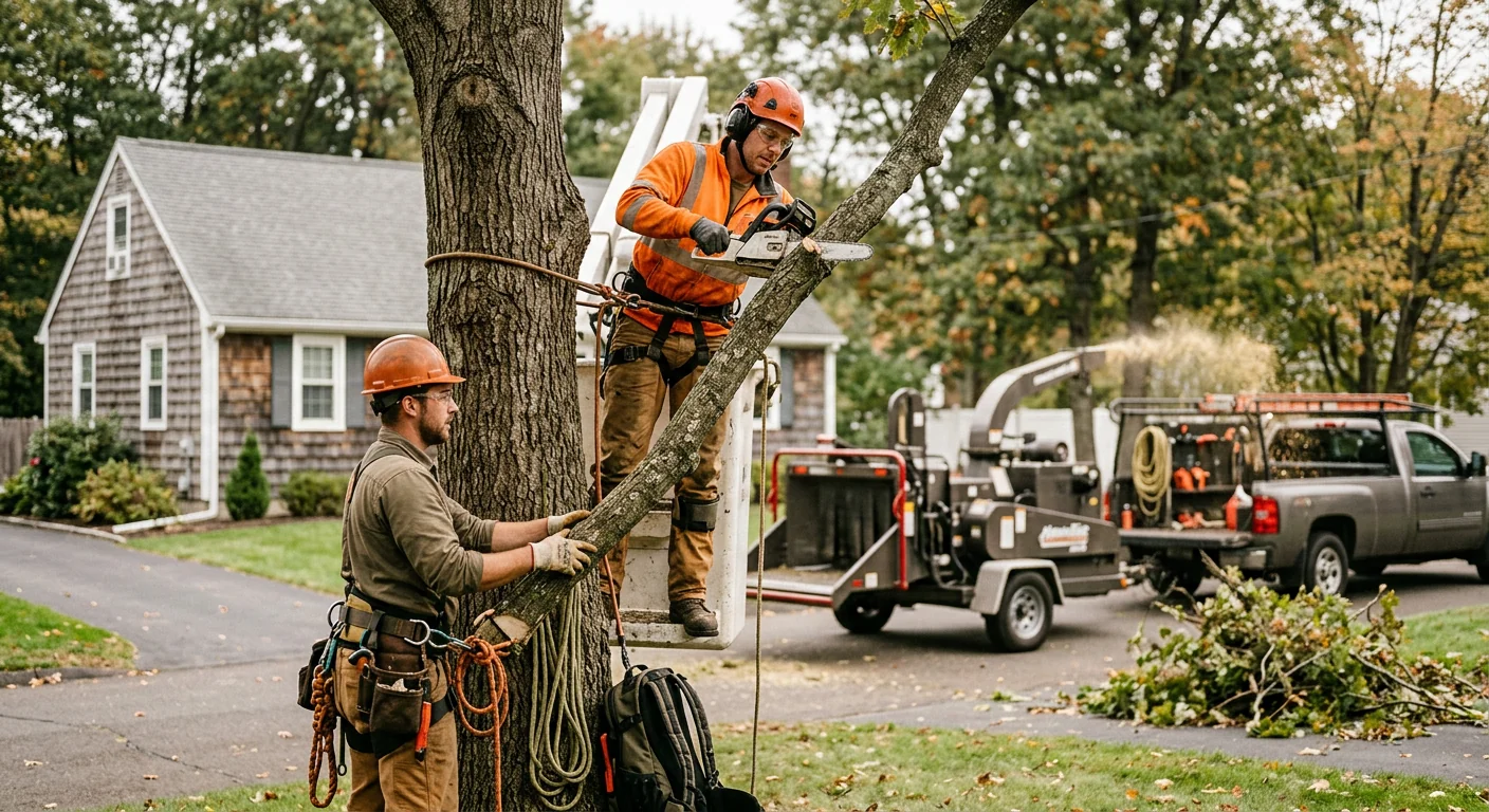 Arborist inspecting a leaning hardwood during a tree risk assessment in Meriden