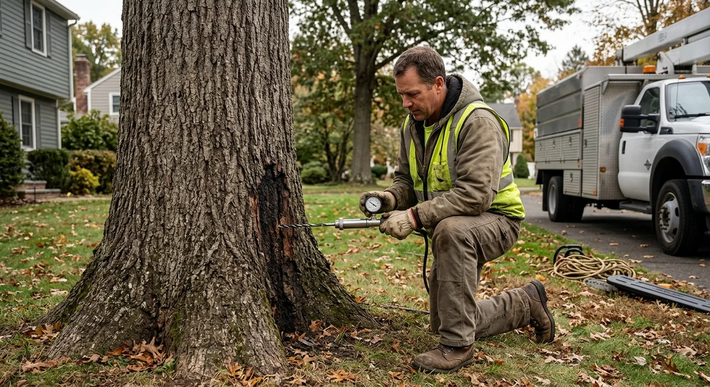 Arborist inspecting a mature tree trunk for decay in a Meriden yard