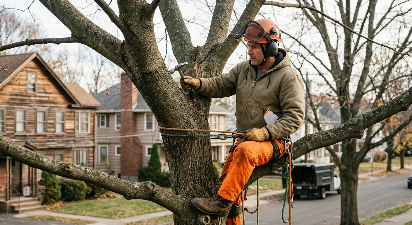 Crew member checking branch unions and crown condition during a tree risk inspection