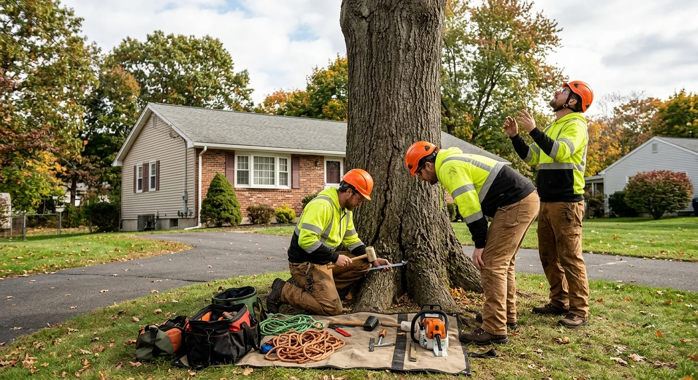 Crew checking trunk cracks and canopy load during Meriden tree risk assessment