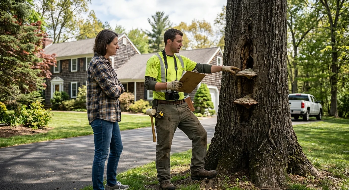 Written inspection report and photos documenting hazard tree defects on a Meriden property