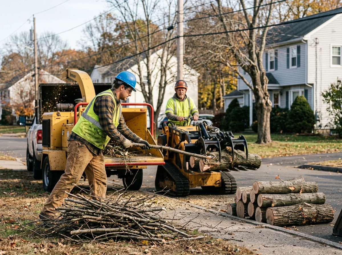 Bucket truck and chipper staged for efficient tree work in a Meriden yard