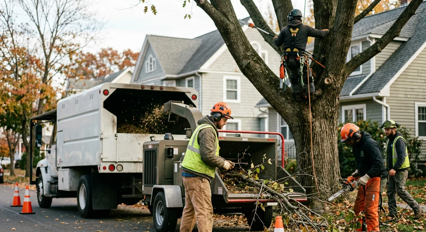 Tree service equipment and chipper staged at a Meriden property