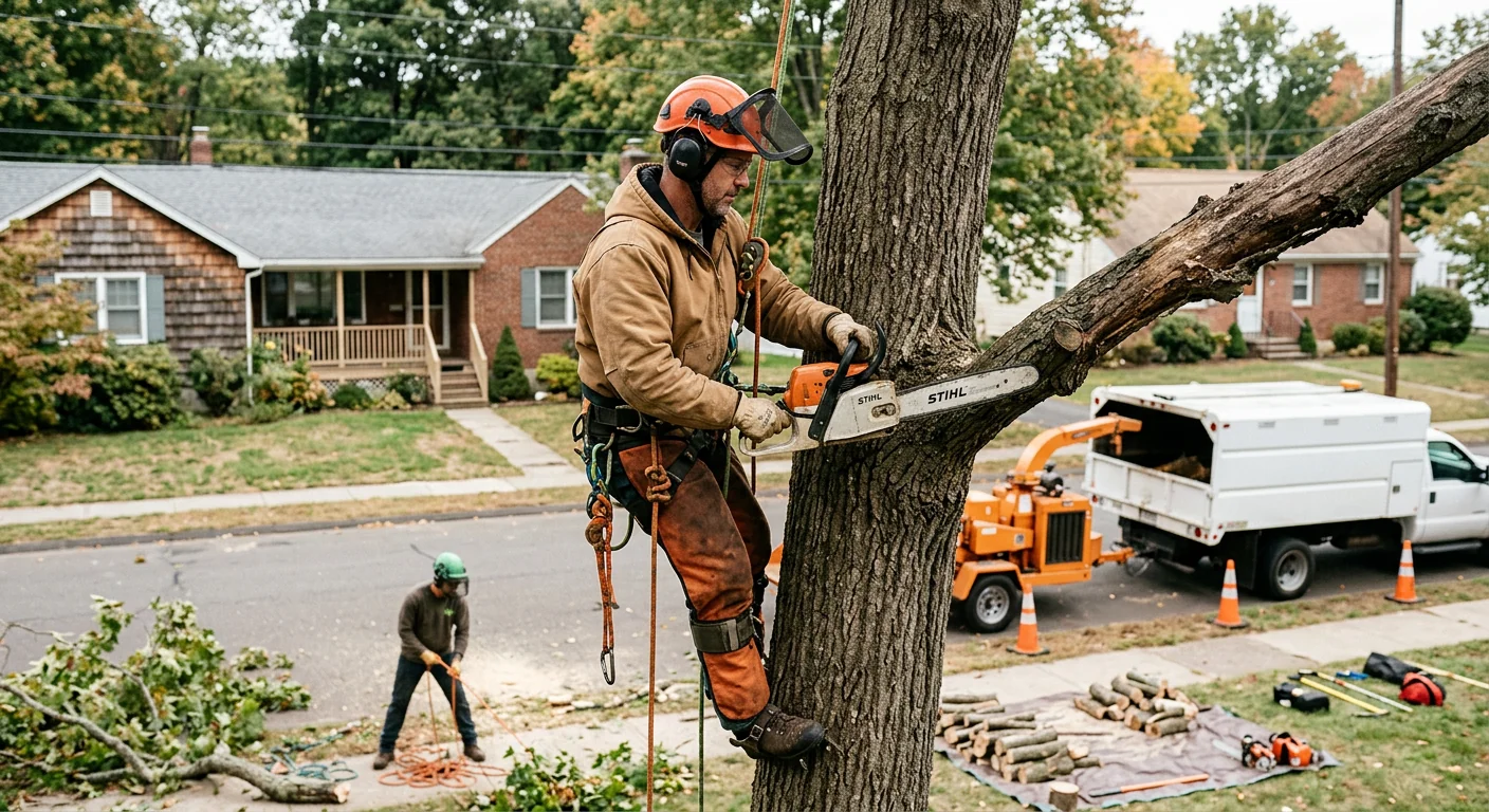 Tree crew reviewing an estimate on a Meriden property