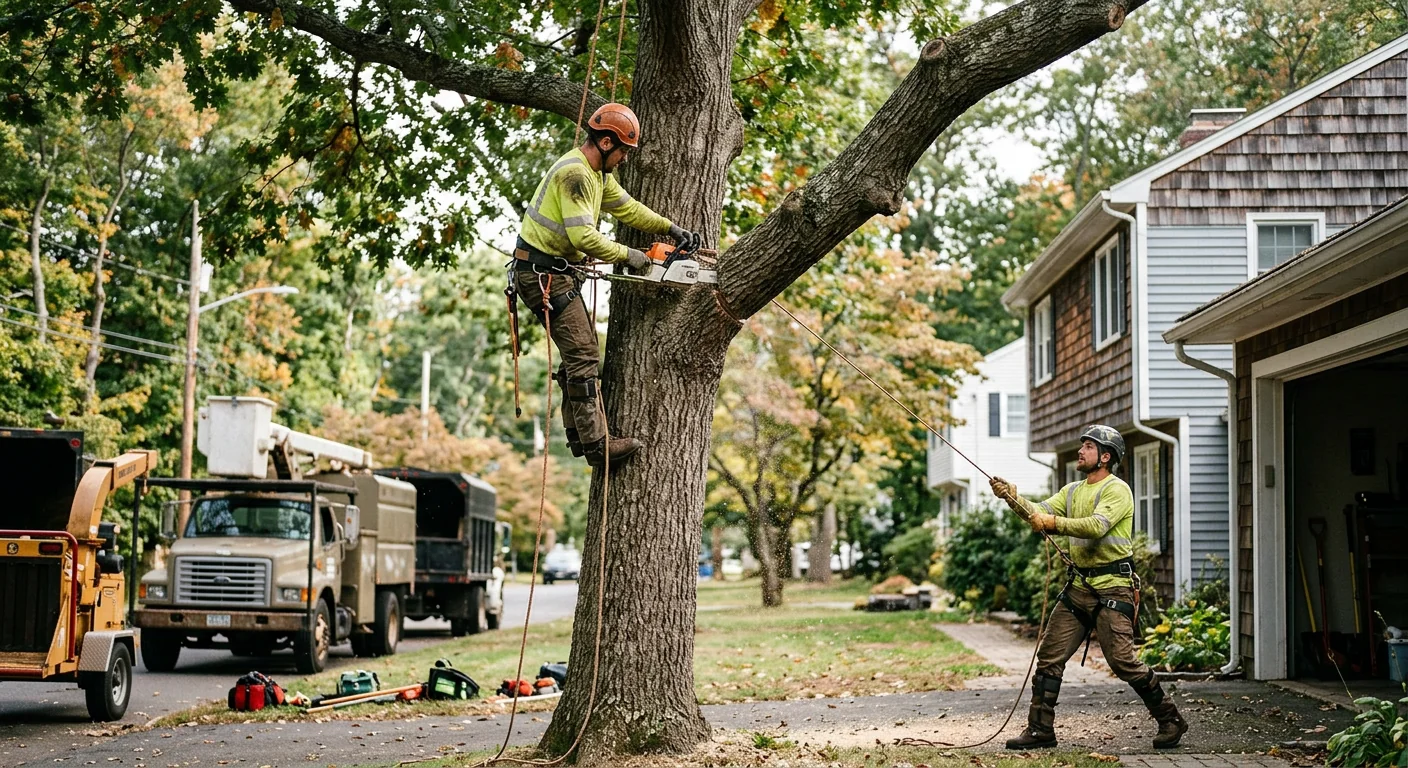 Tree crew reviewing work plan with homeowner beside truck on a Meriden property