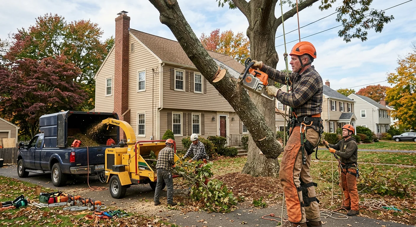 Bucket truck and crew handling tree work in a Meriden residential neighborhood