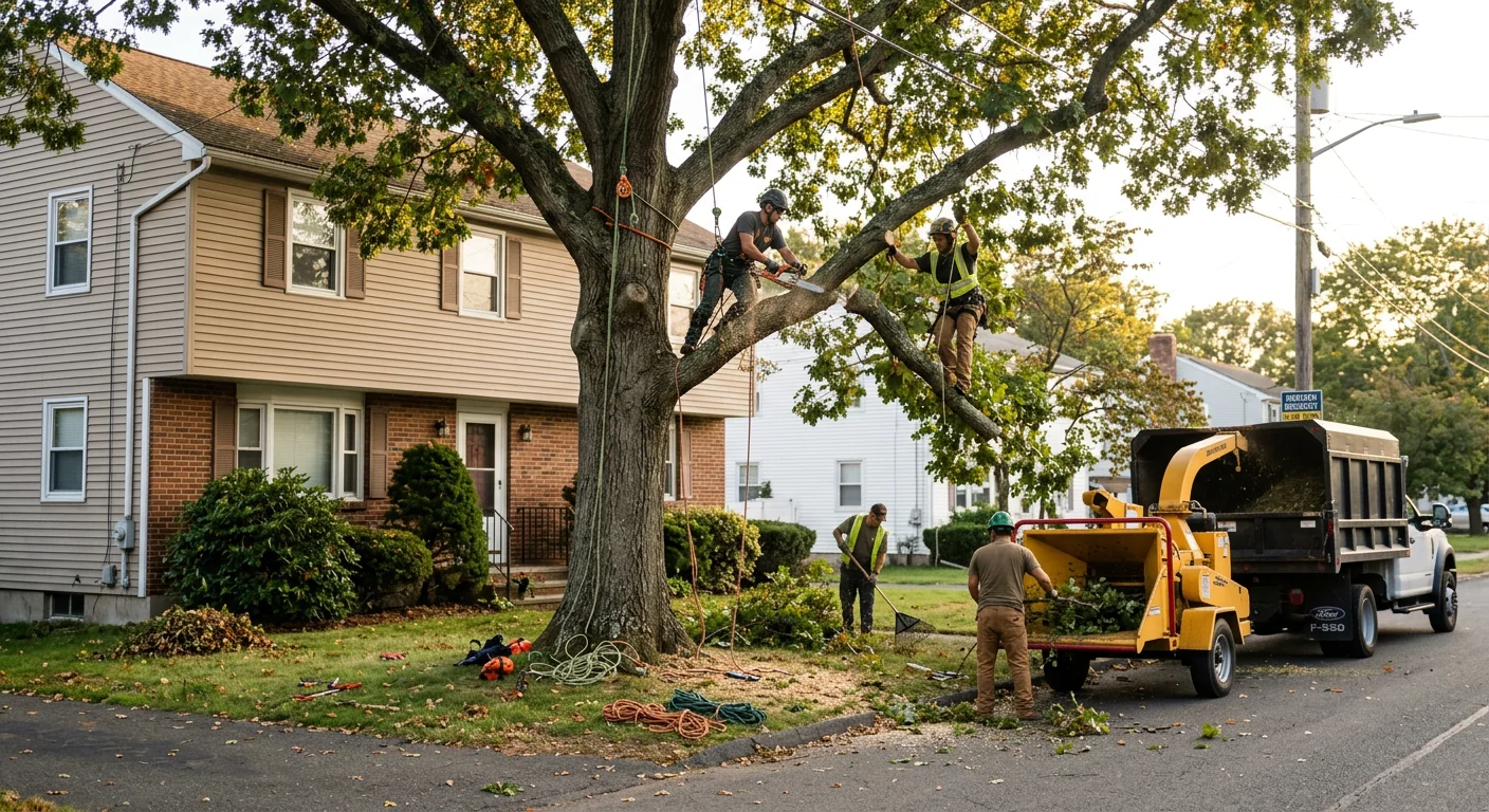 Crew pruning a mature hardwood over a Meriden residential yard