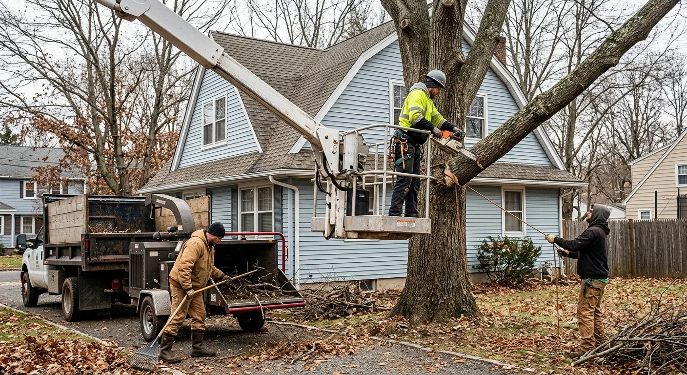 Aerial lift positioned for sectional tree removal on a tight lot