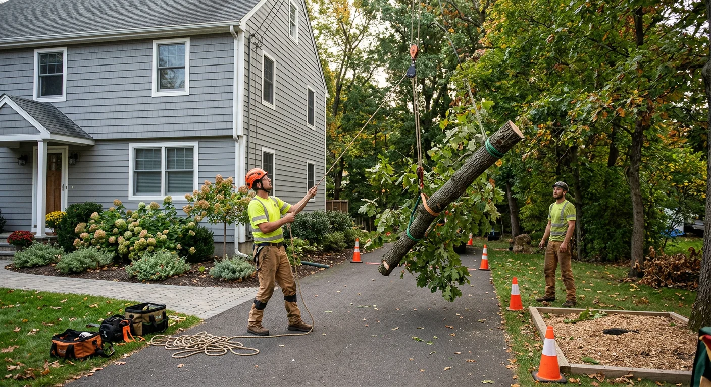 Rigging lines lowering a heavy limb near a home driveway