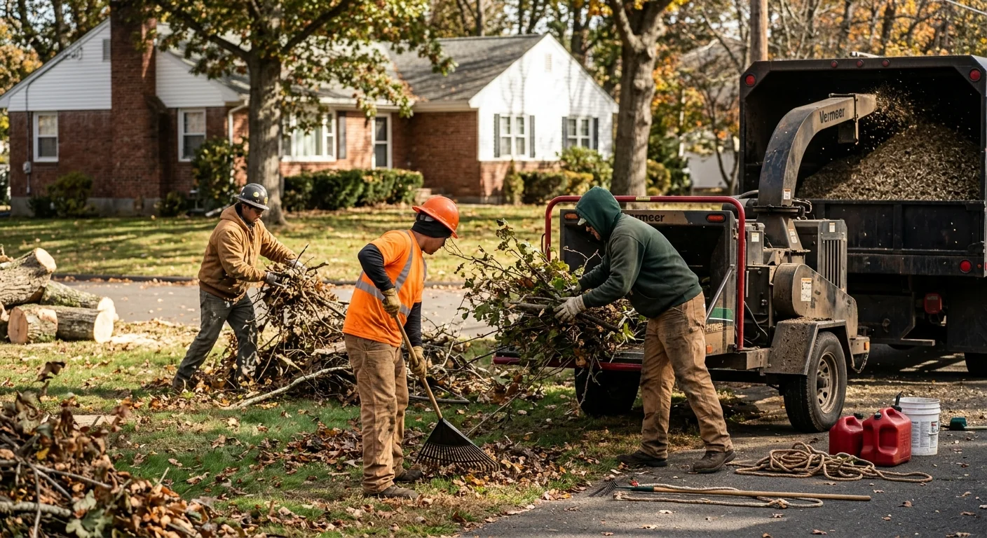 Ground crew clearing brush and debris during active tree work
