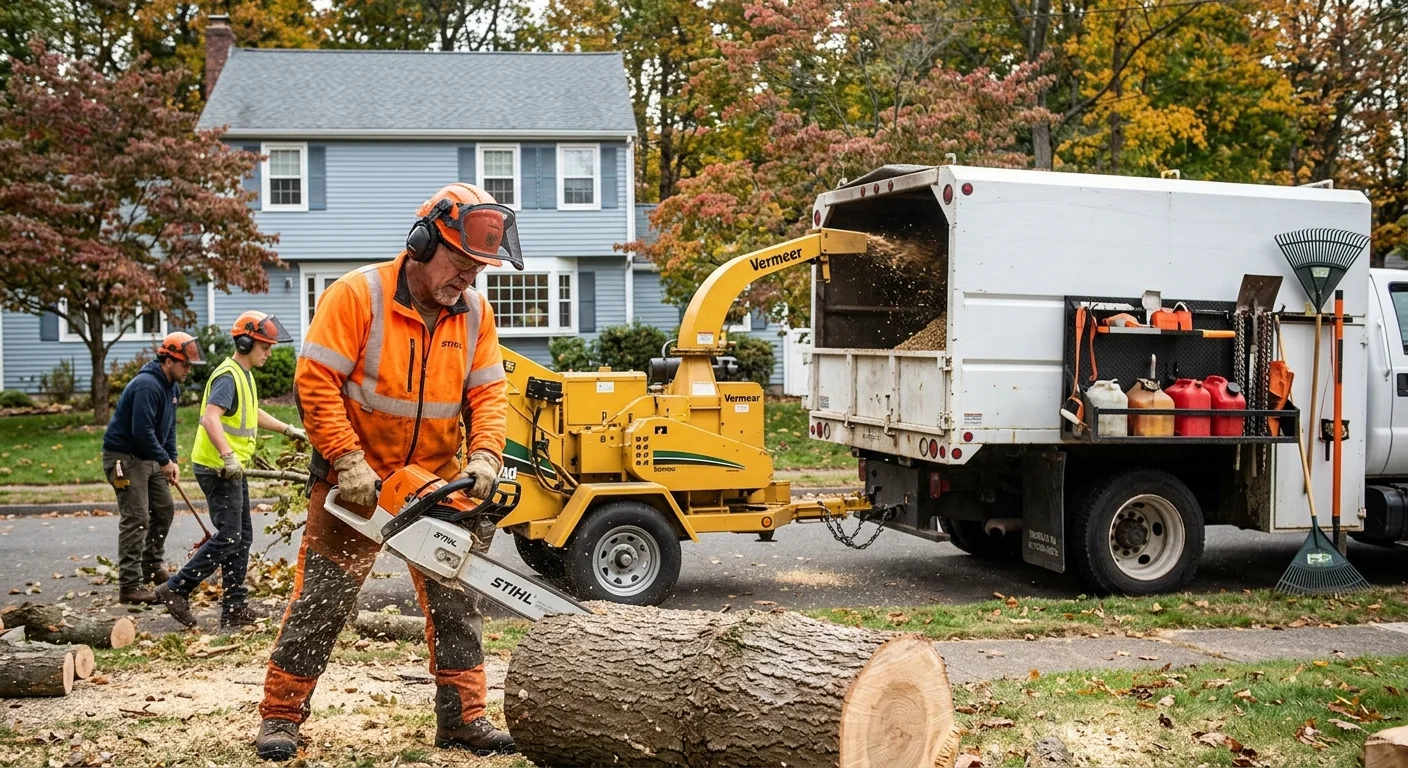 Arborist inspecting a cracked branch union on a mature oak in a Meriden backyard