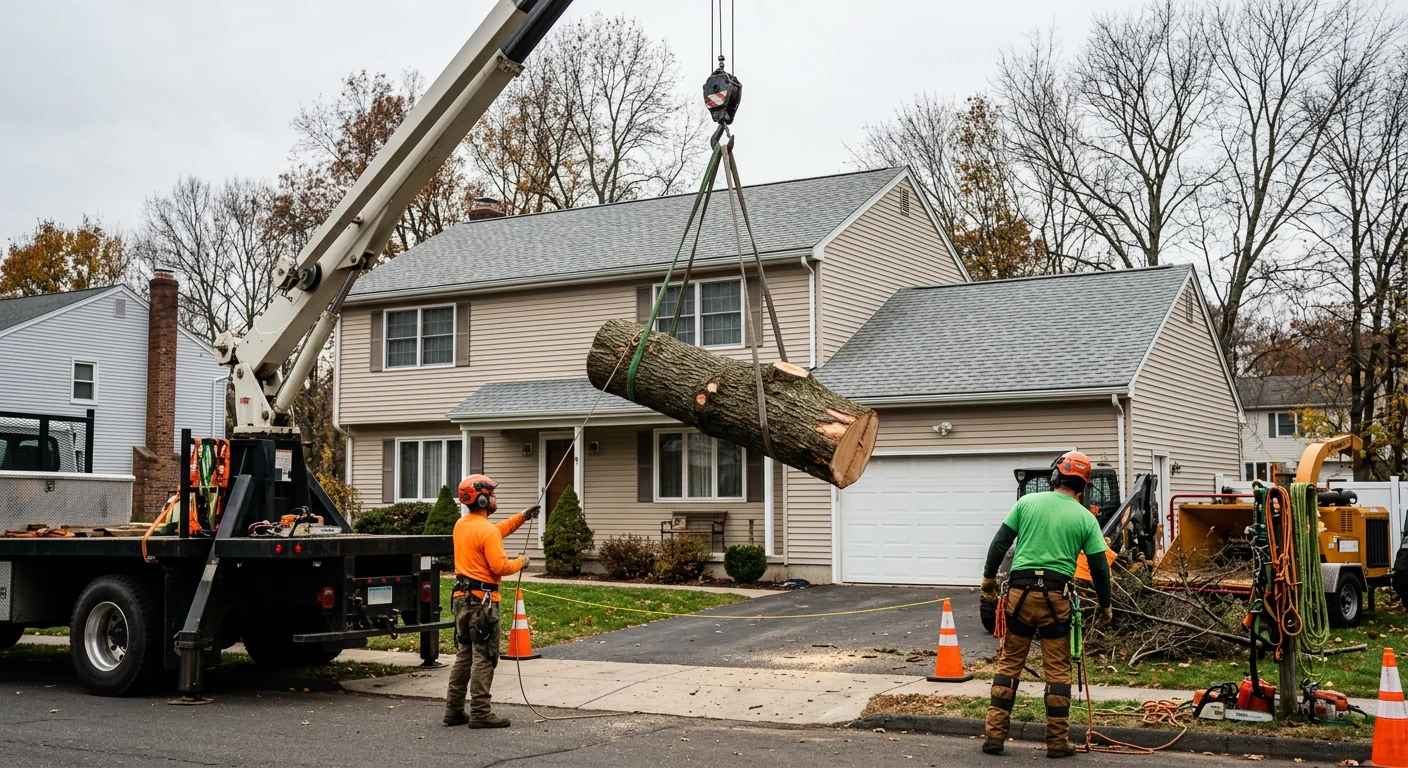 Crane lifting a large trunk section over a suburban rooftop