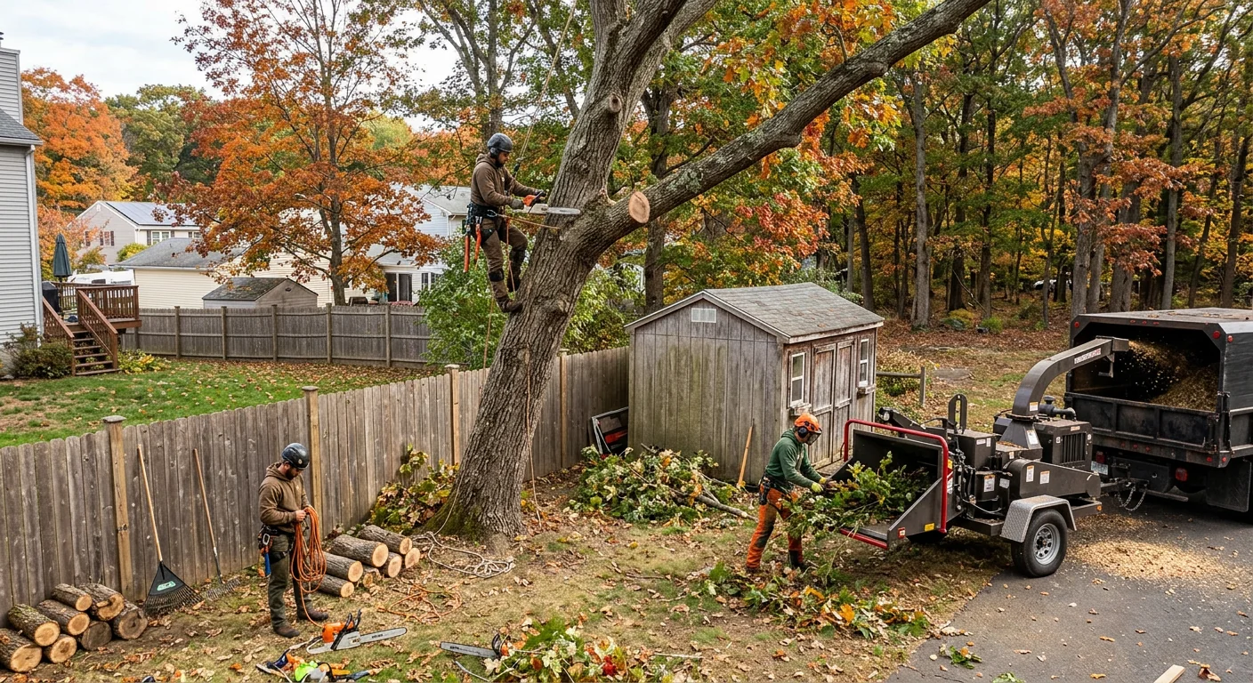Overgrown backyard trees leaning toward a fence before removal