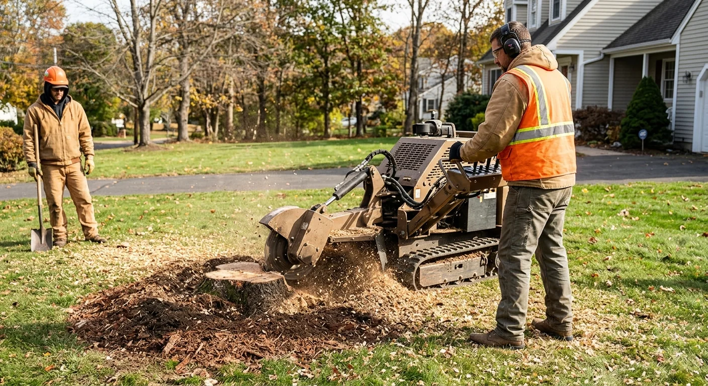 Stump grinder reducing a stump below grade in a yard