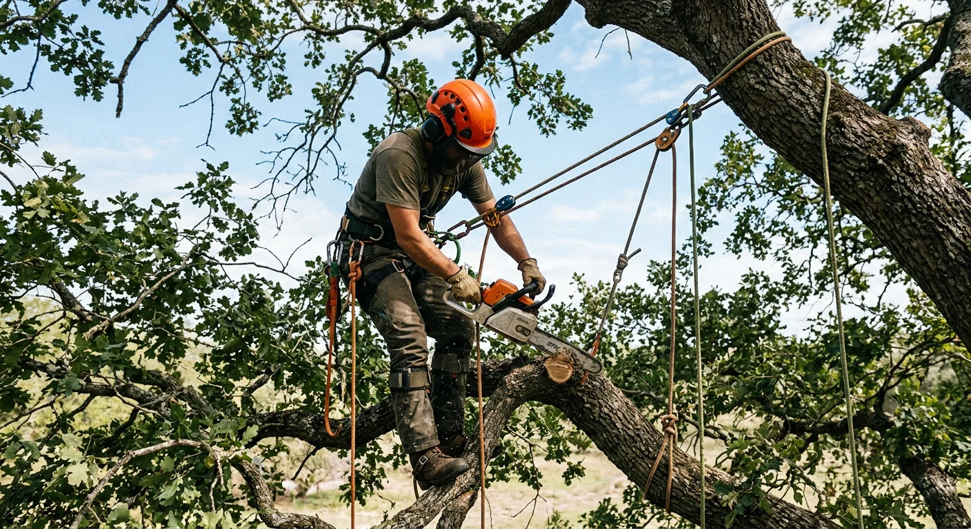 Climber roped into the canopy during a sectional tree takedown