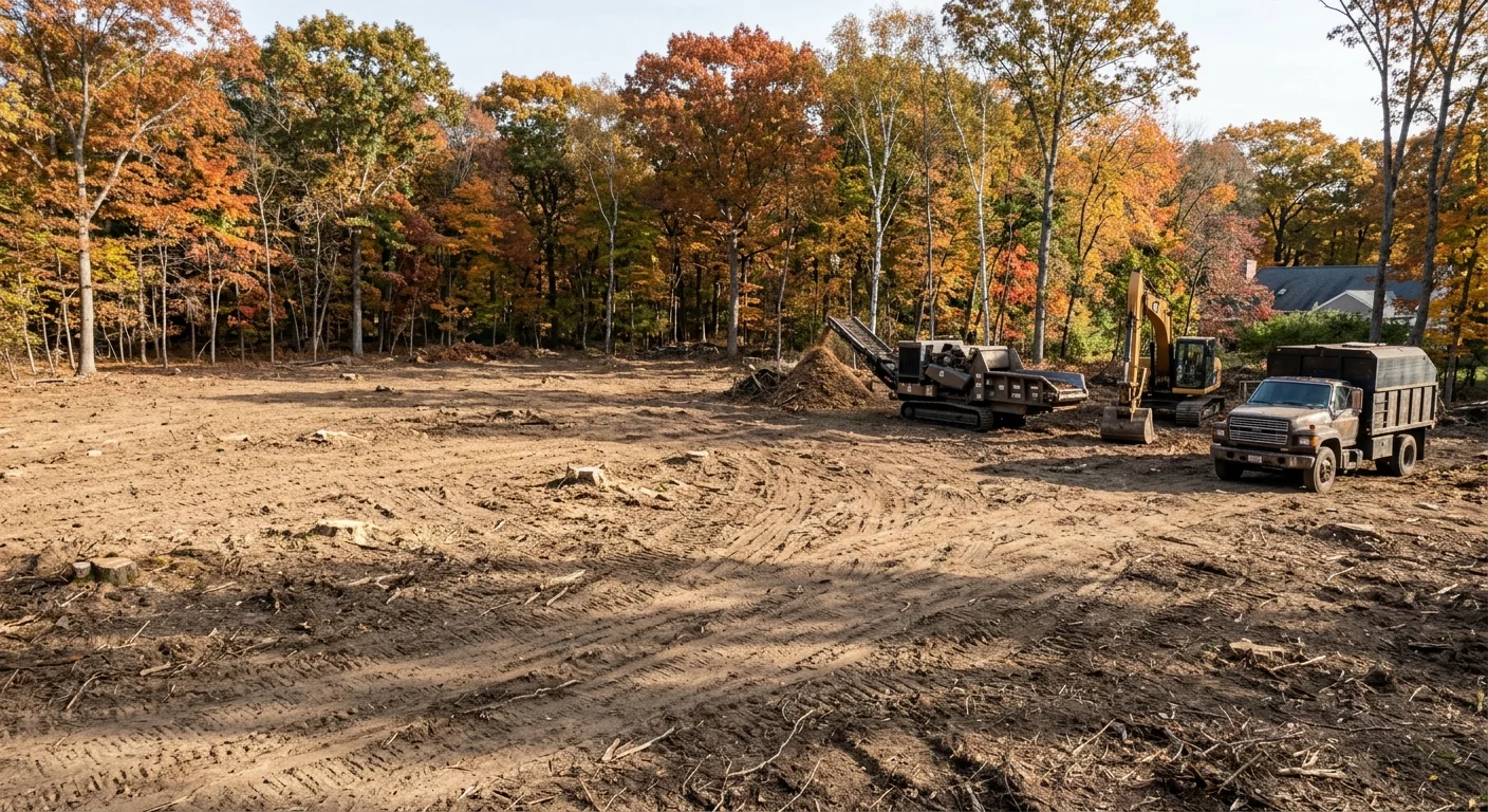 Freshly cleared wooded lot prepped and open for construction
