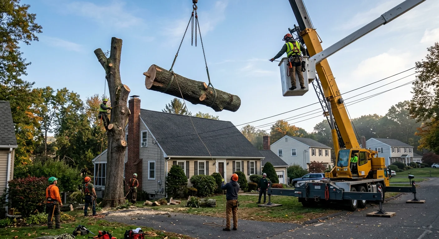 Crane-Assisted Oak Removal Near a Meriden Rooftop