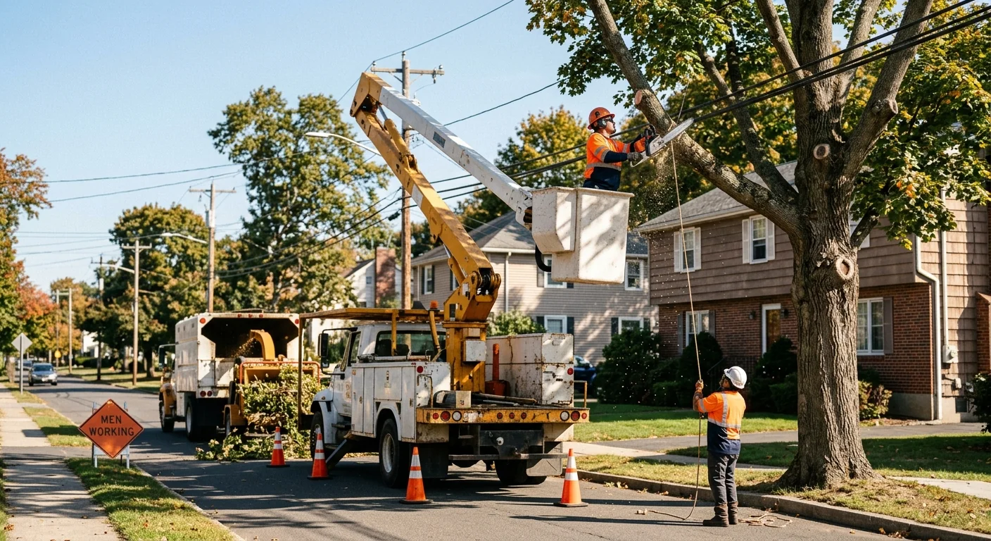 Bucket Truck Trimming Along a Residential Street
