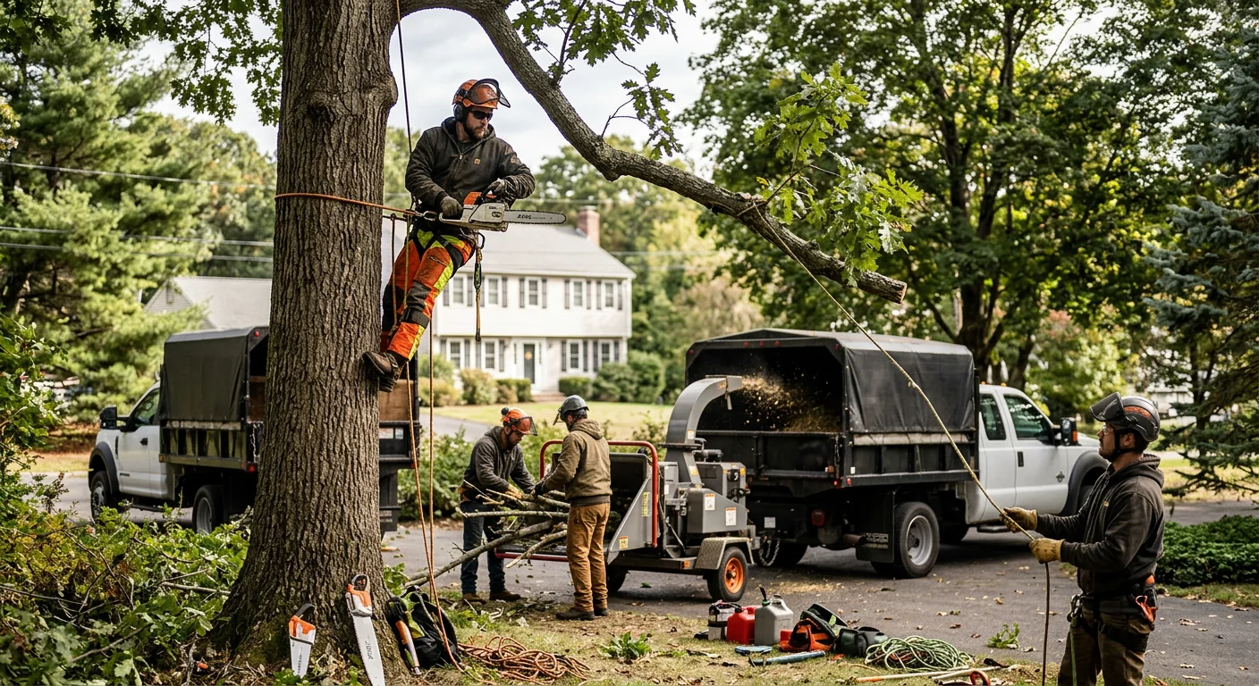 Tree crew rigging a large limb over a Meriden residential property