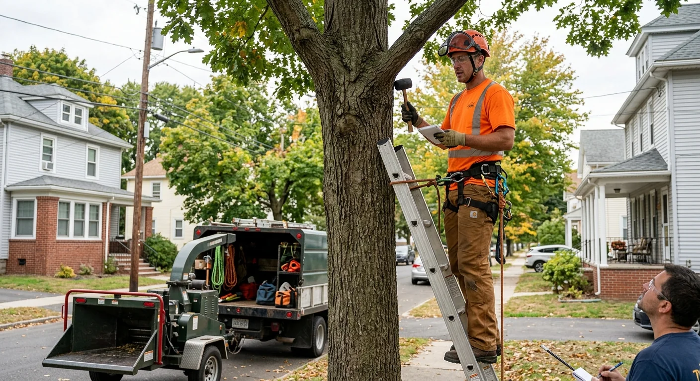 Certified arborist inspecting tree health before pruning in Meriden CT