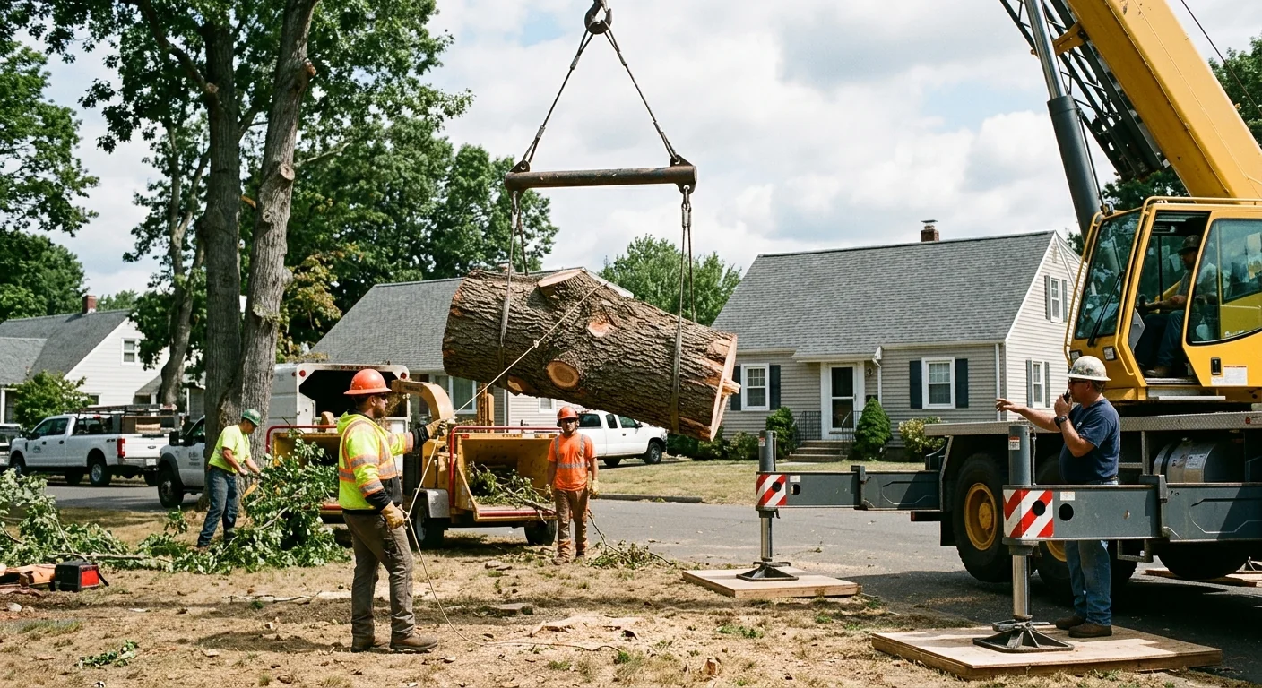Crane lifting a heavy trunk section during controlled tree removal
